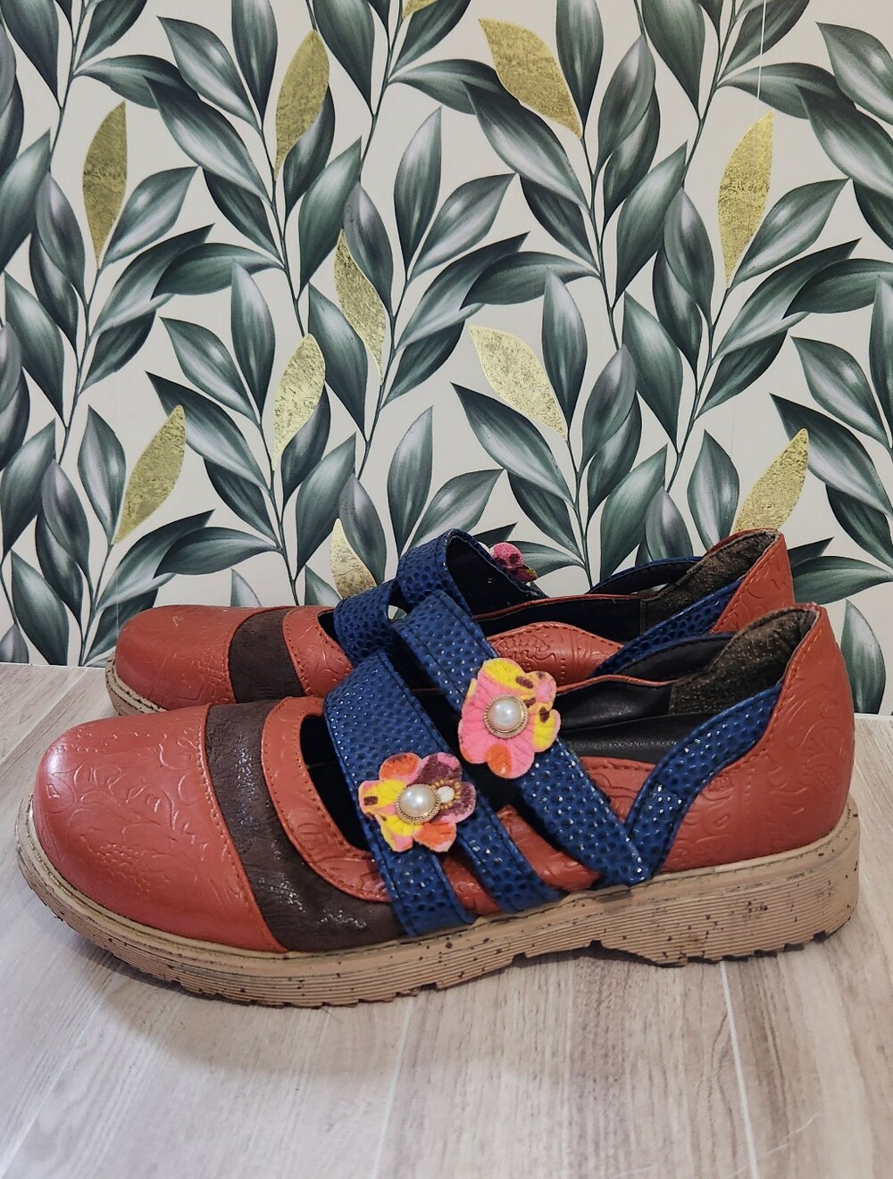 Boho Embossed Floral Mary Jane Flats Tonal Brown Mori Kei Cottagecore 24.5cm